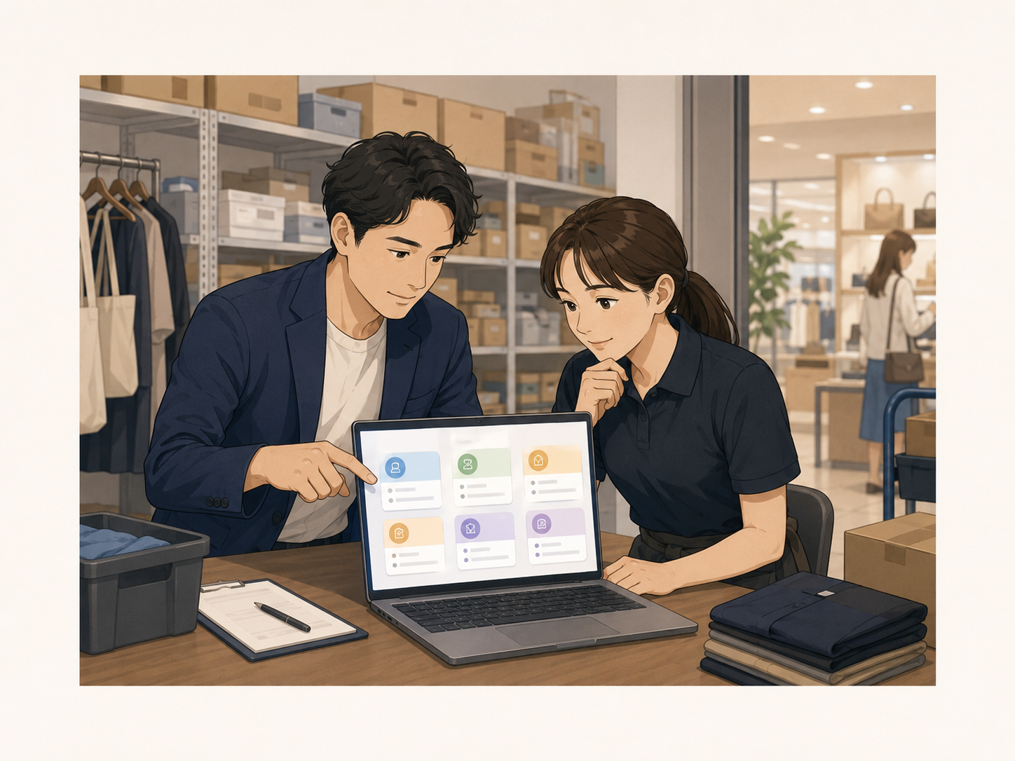 実店舗スタッフがAIを使って接客案内文を整えているイメージ