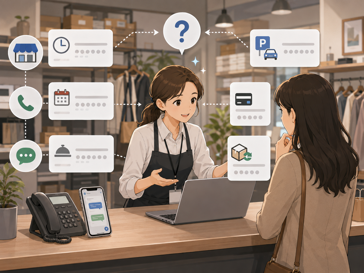 営業時間や予約など同じ質問が実店舗に繰り返し届くイメージ
