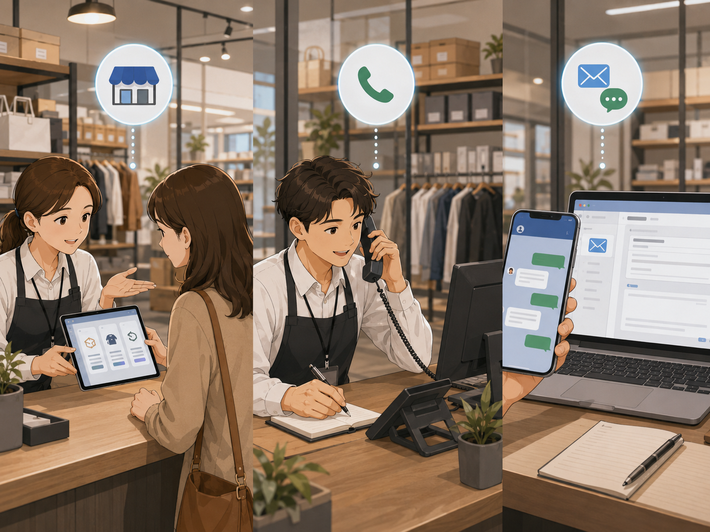 店頭・電話・メッセージ用にFAQ回答文を使い分けているイメージ