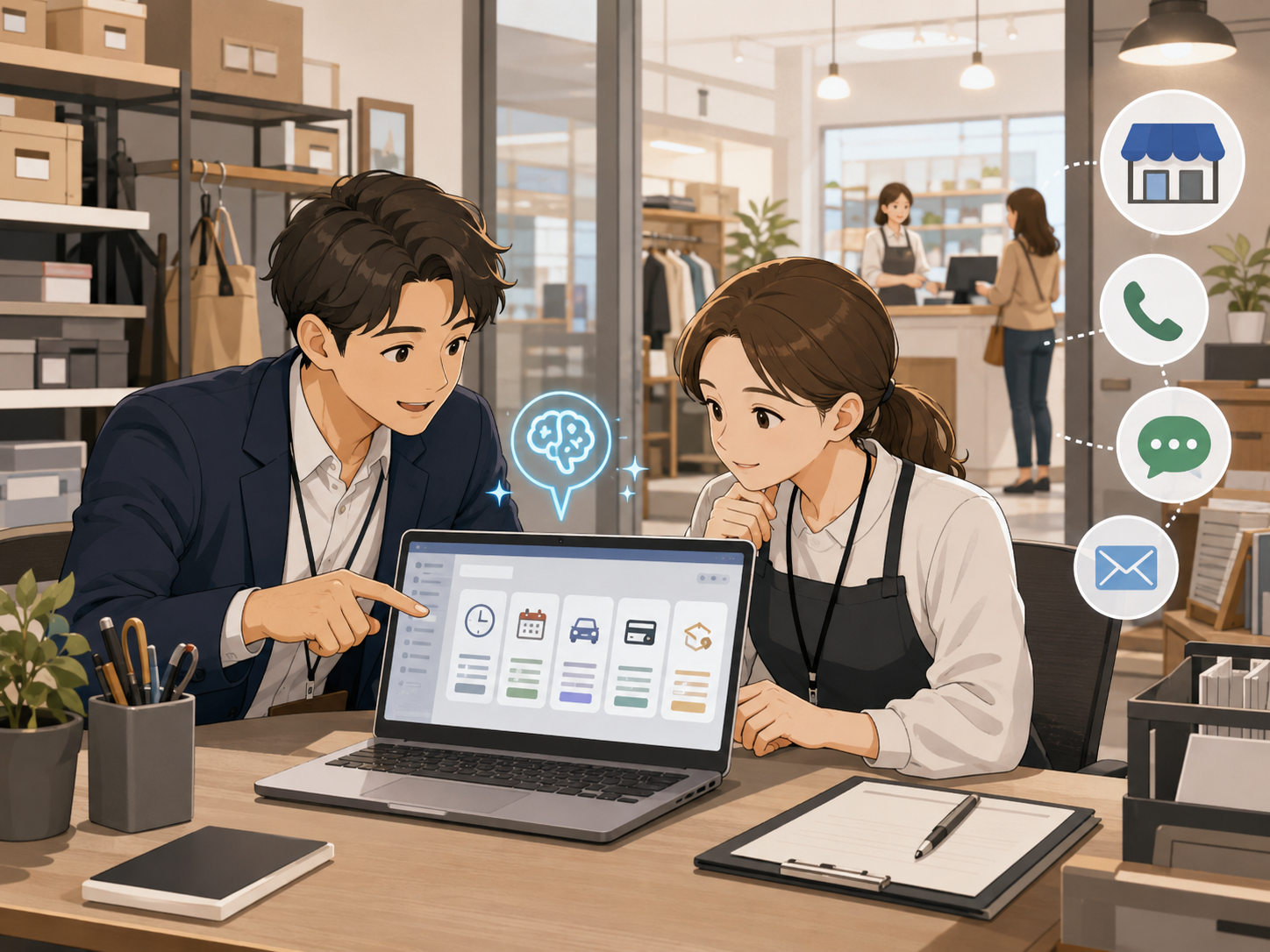 実店舗スタッフがAIを使ってよくある質問の回答文を整理しているイメージ