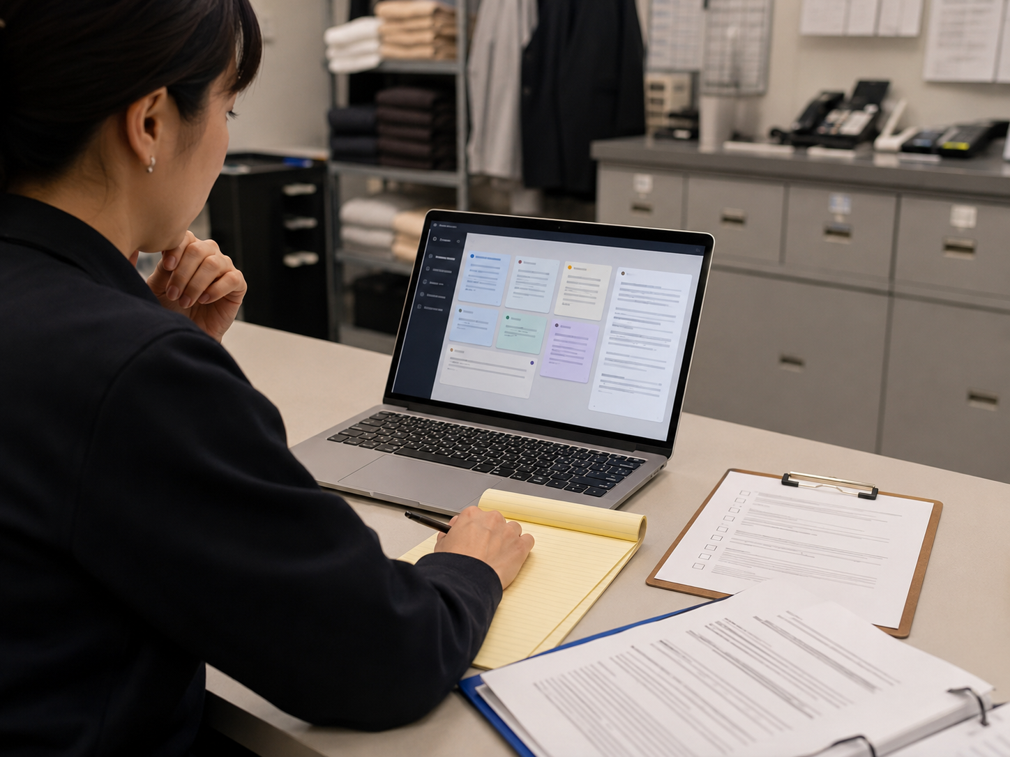 AIがクレーム一次対応文の下書きを整えているイメージ