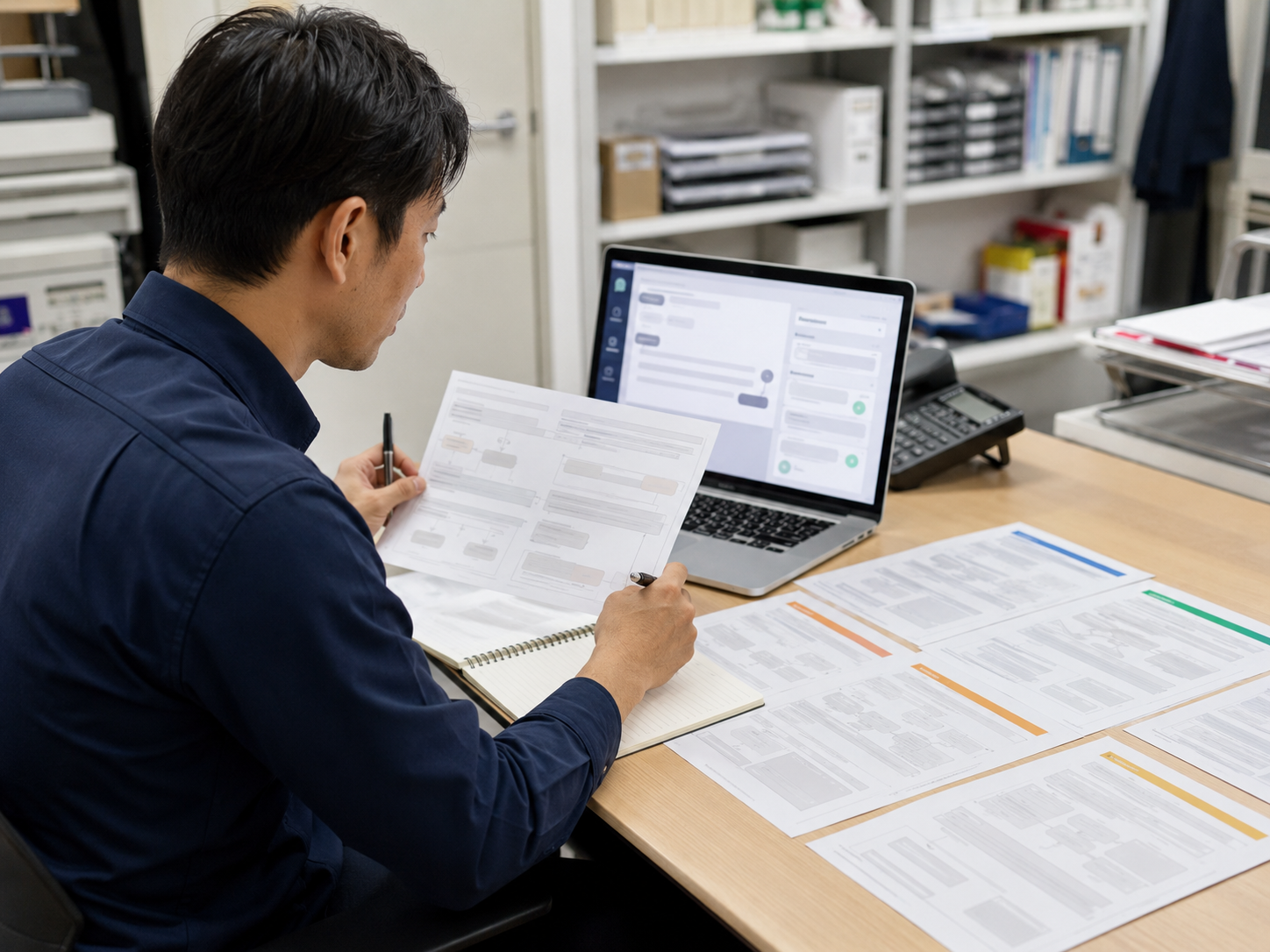 AIが作ったクレーム対応文を店舗ルールに合わせて確認しているイメージ