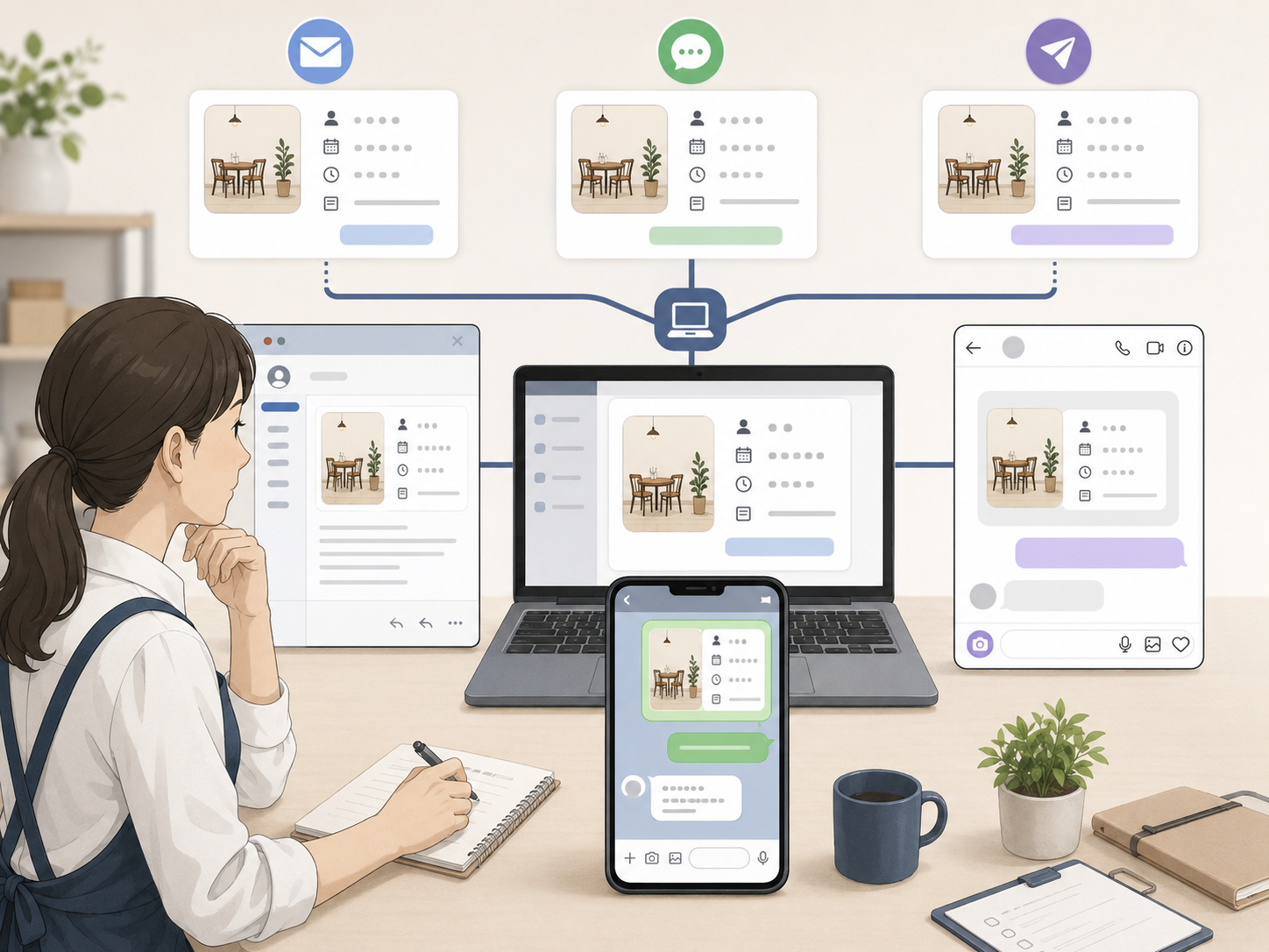 メール・LINE・DMで予約返信文を使い分けているイメージ
