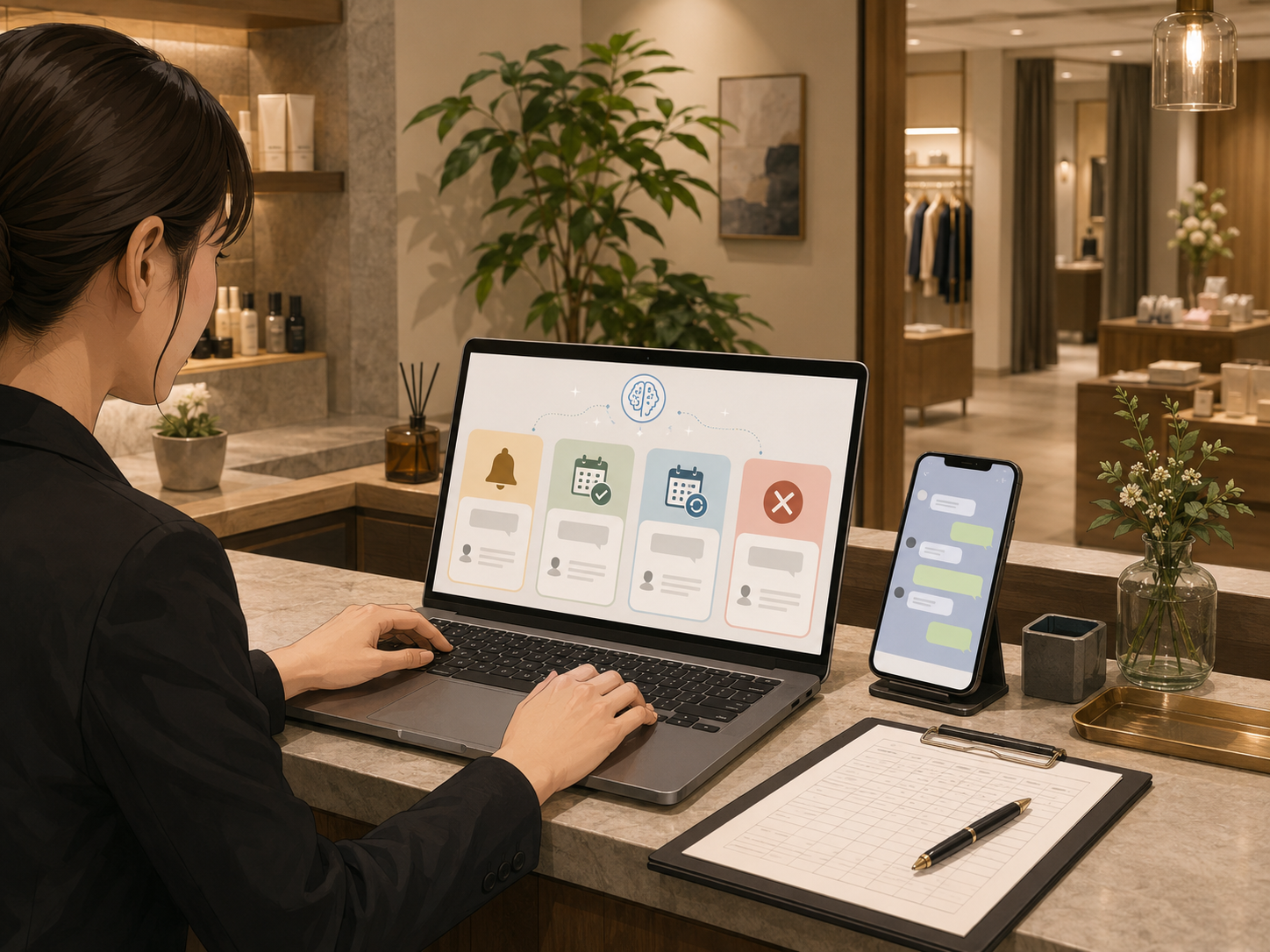 実店舗スタッフがAIで予約や問い合わせの定型文を整えているイメージ