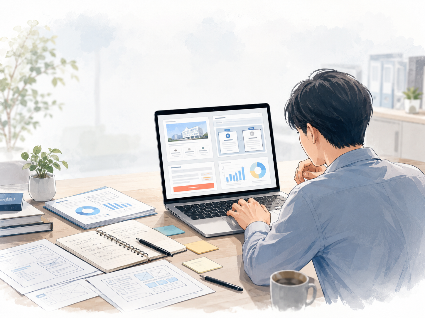 事例ページの構成を整理するWeb担当者のイメージ