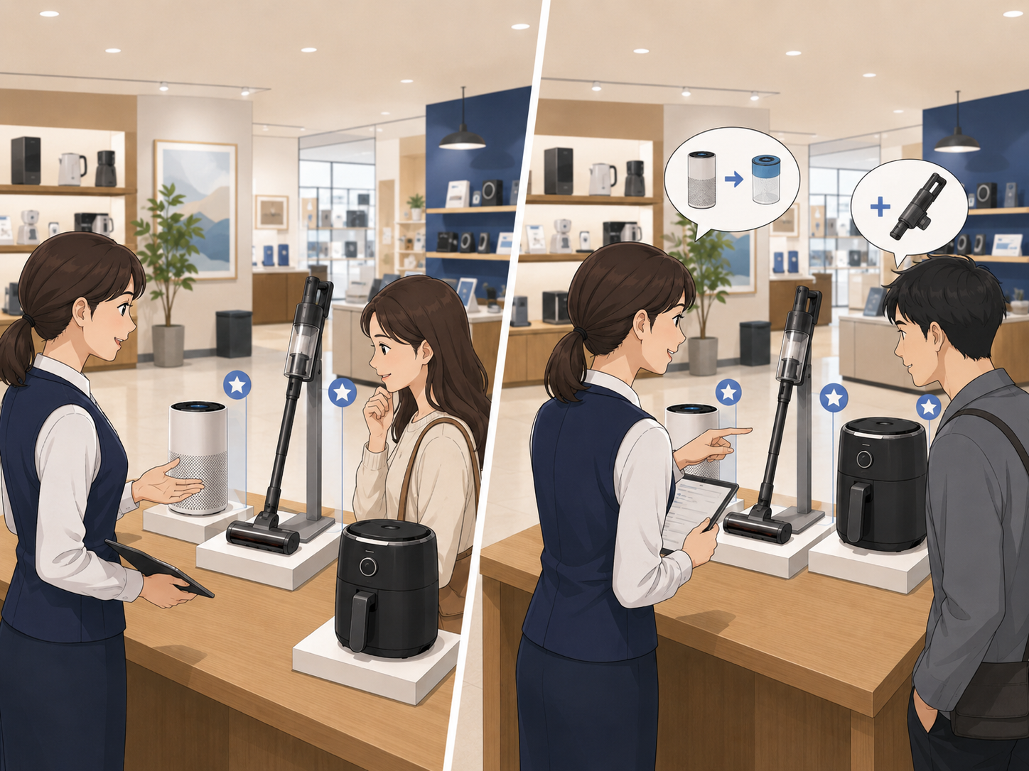 初回来店客とリピーターで商品説明を使い分けているイメージ