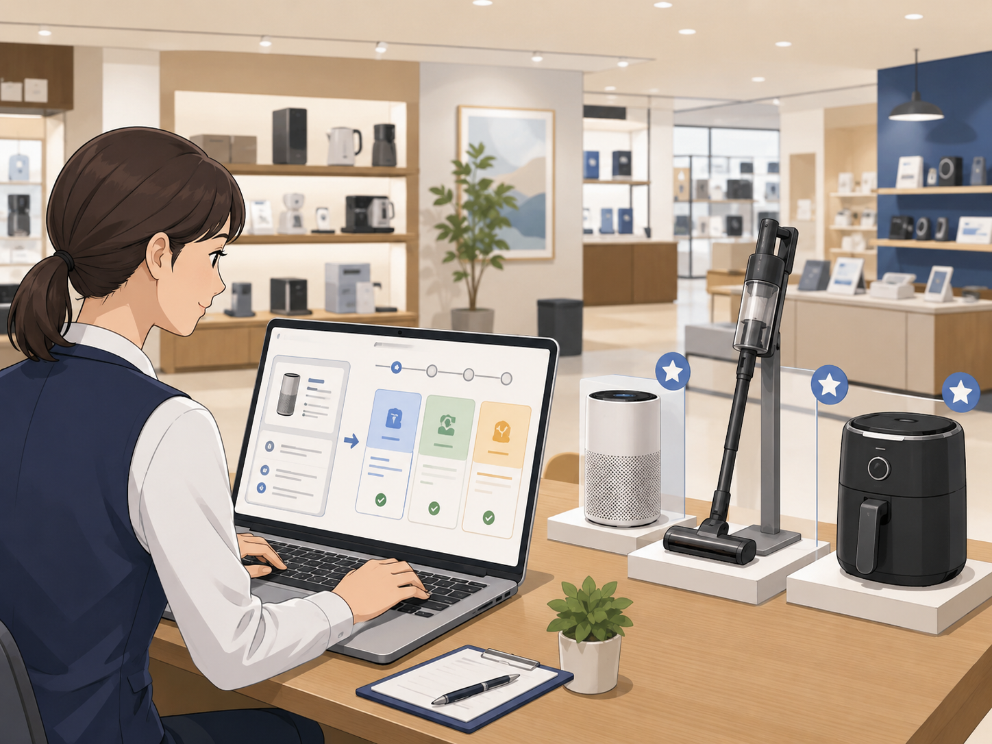 実店舗スタッフがAIで商品説明をお客様向けの言葉に整えているイメージ