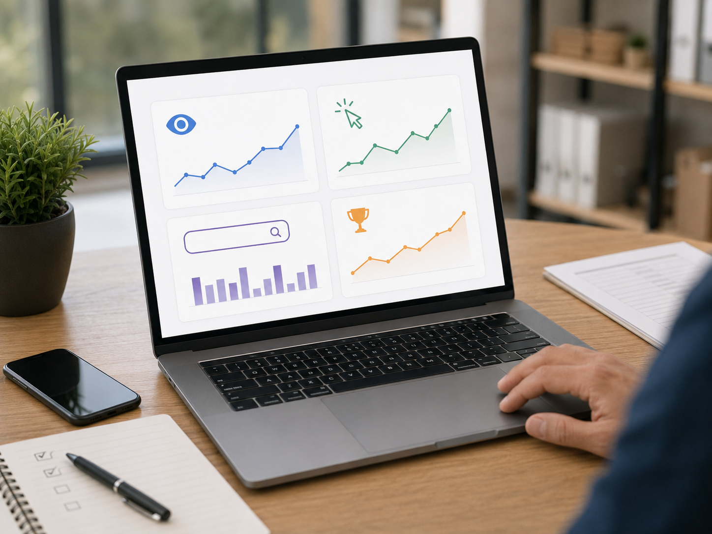 表示回数やクリック数などSearch Consoleの基本項目を確認しているイメージ