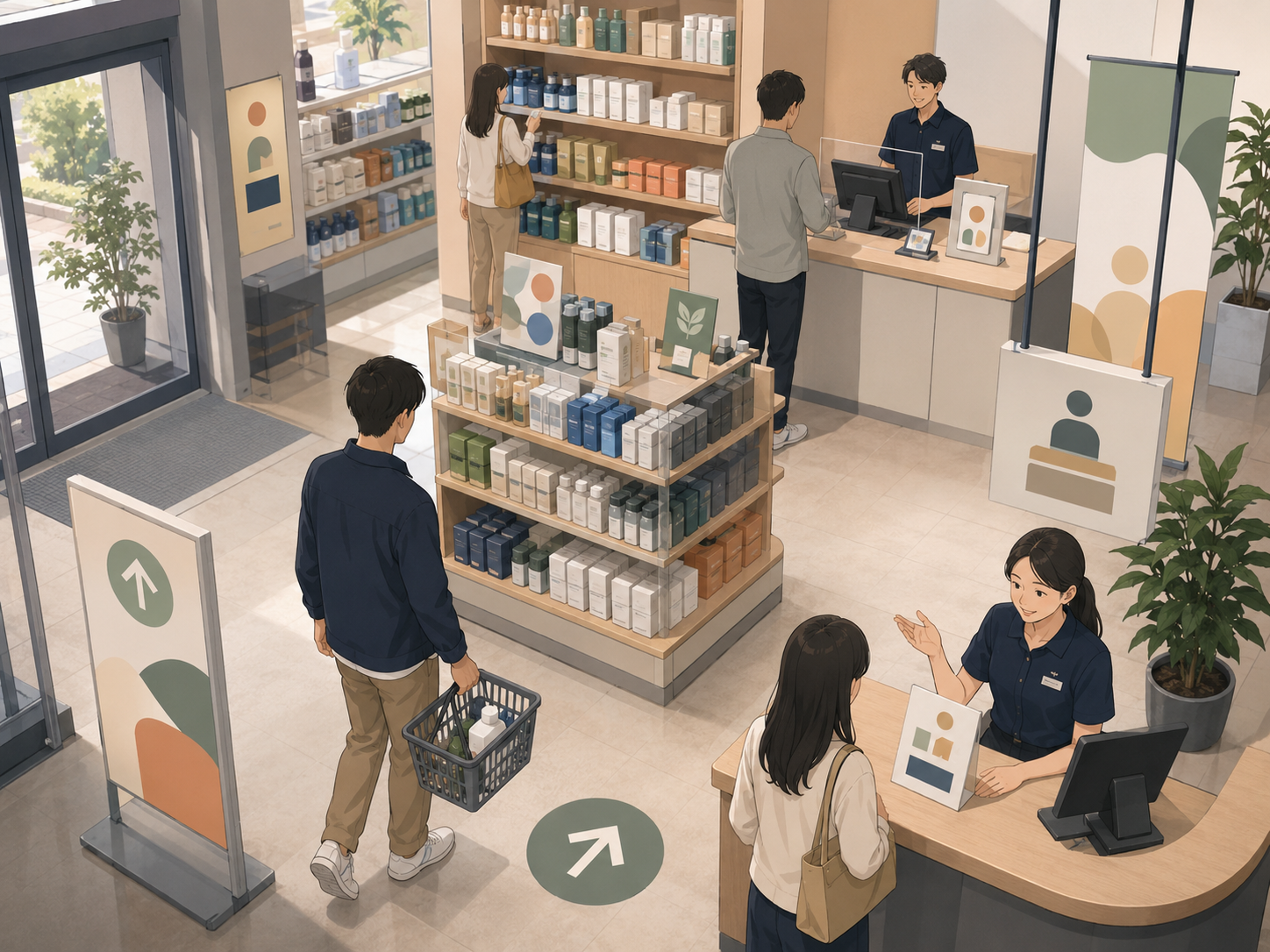 店内のPOPや注意書きや誘導サインが接客を補助しているイメージ