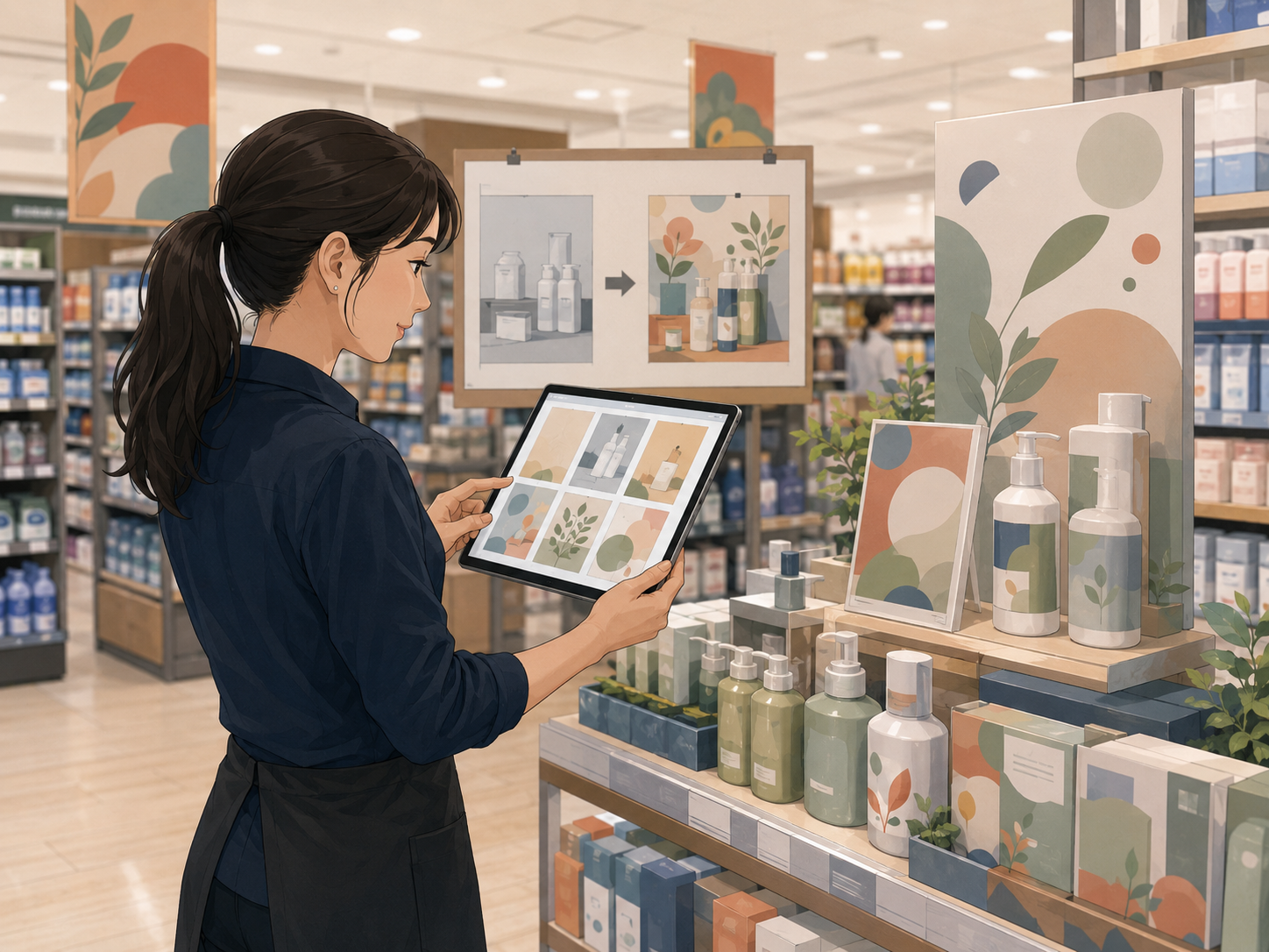 AIでPOP作成の負担を減らし販促更新を進めているイメージ