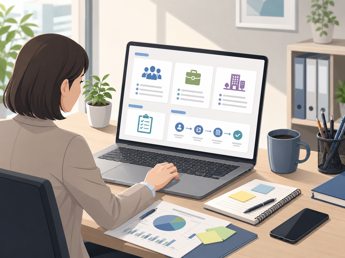 採用ページの構成を整理している中小企業の担当者のイメージ