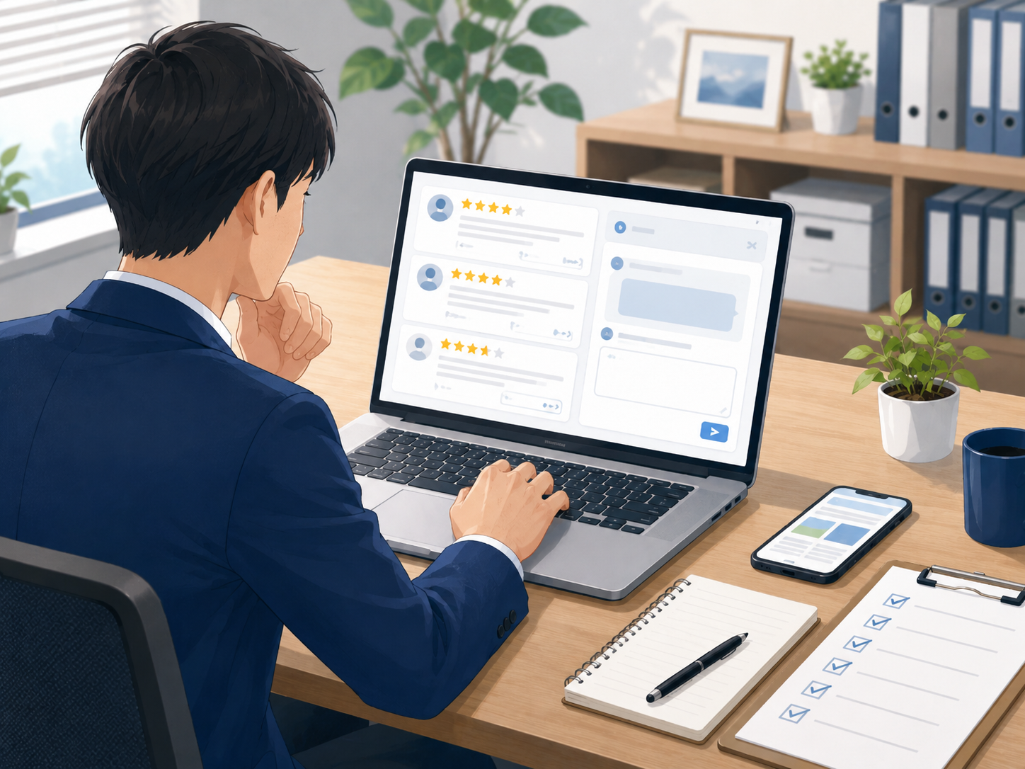 口コミ内容と返信対応を確認しているWeb担当者のイメージ