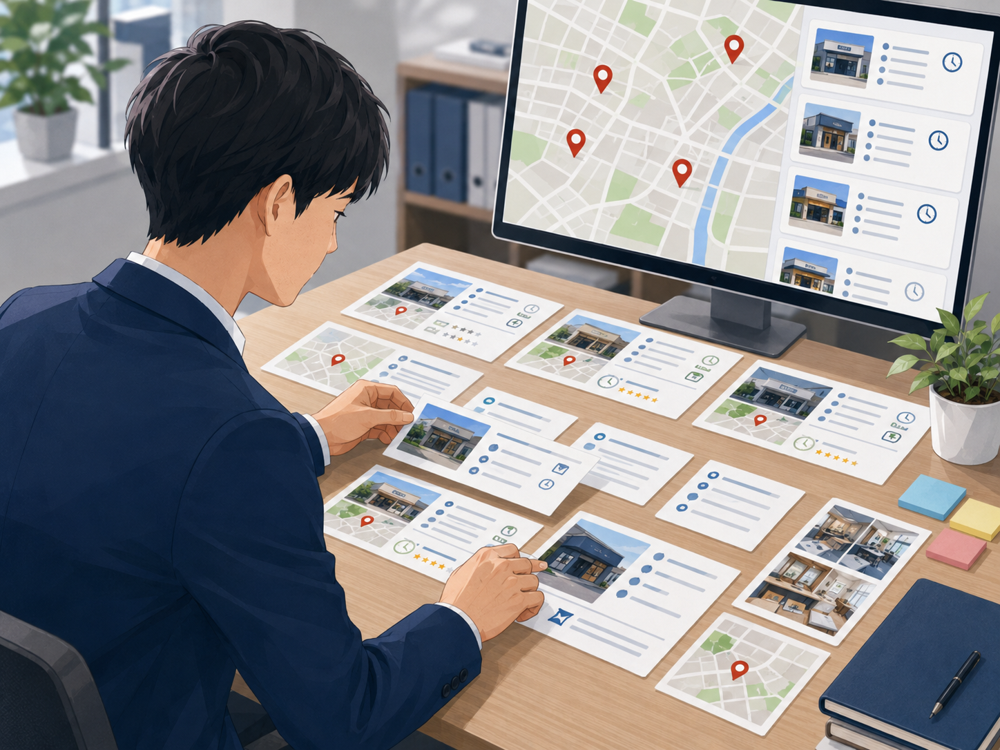 複数拠点の店舗情報を整理しているイメージ