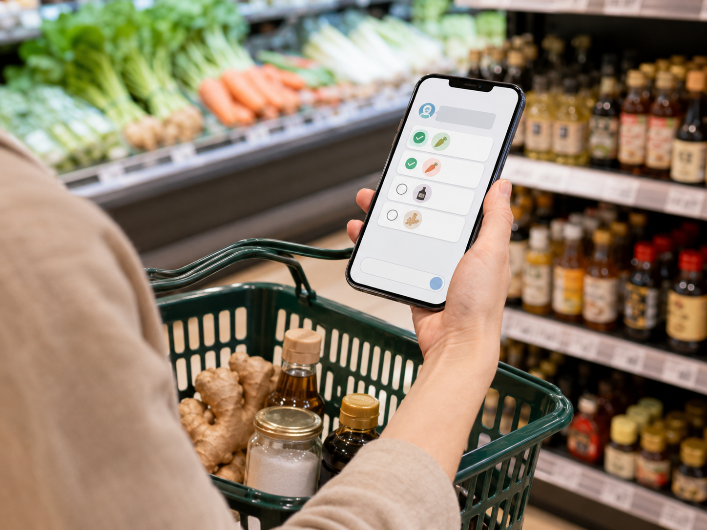 AIが作った買い物リストをスマートフォンで確認している様子