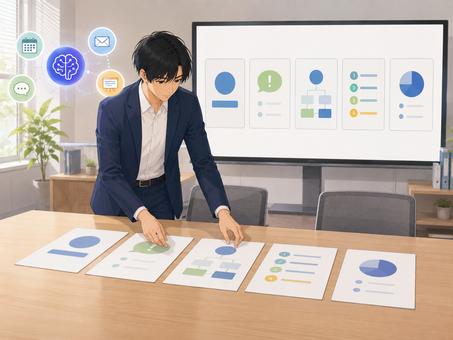 AIが提案した構成をもとに説明資料のページ順を考えている様子
