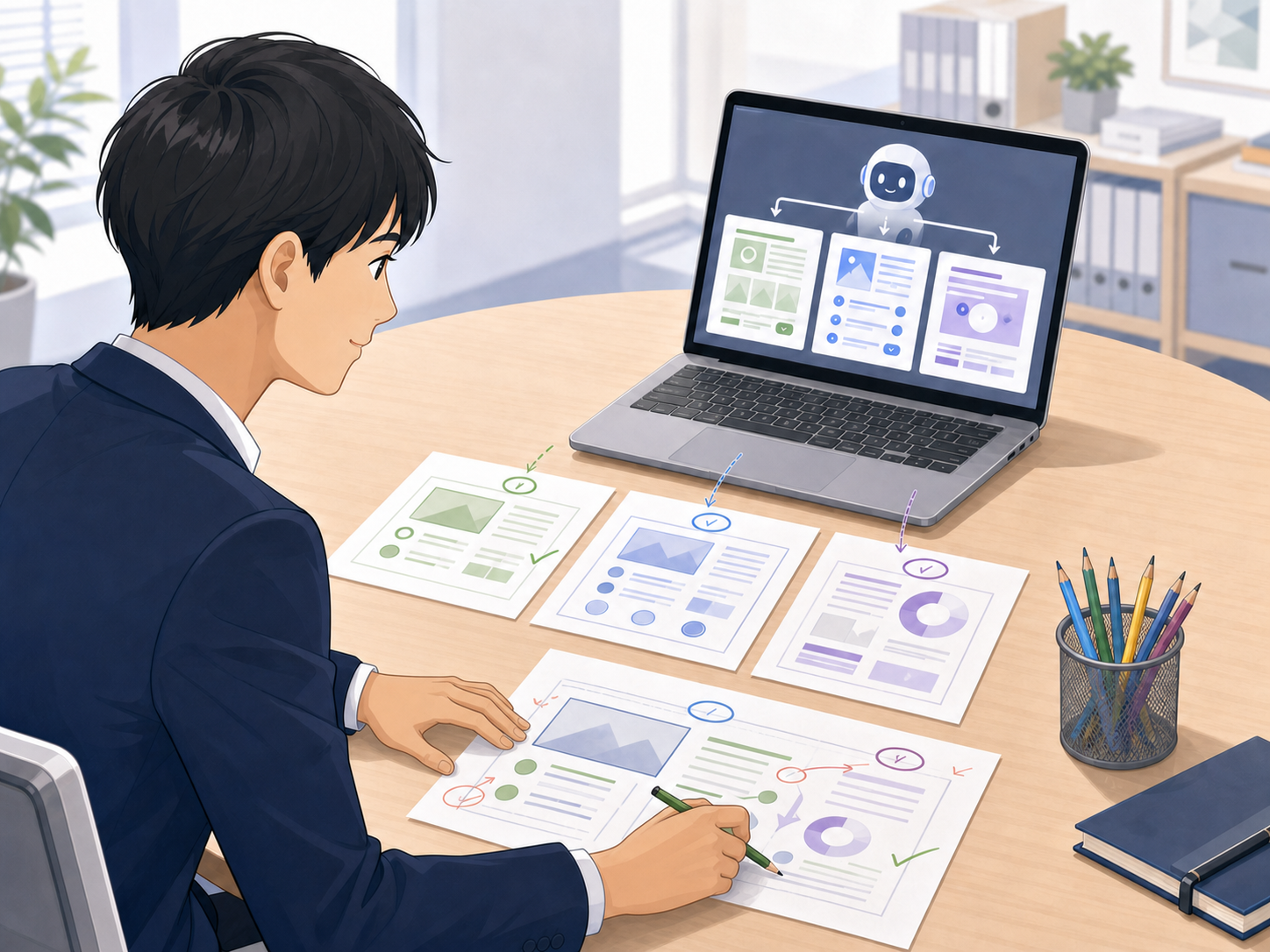 AIが出した複数案を人が選び組み合わせている様子