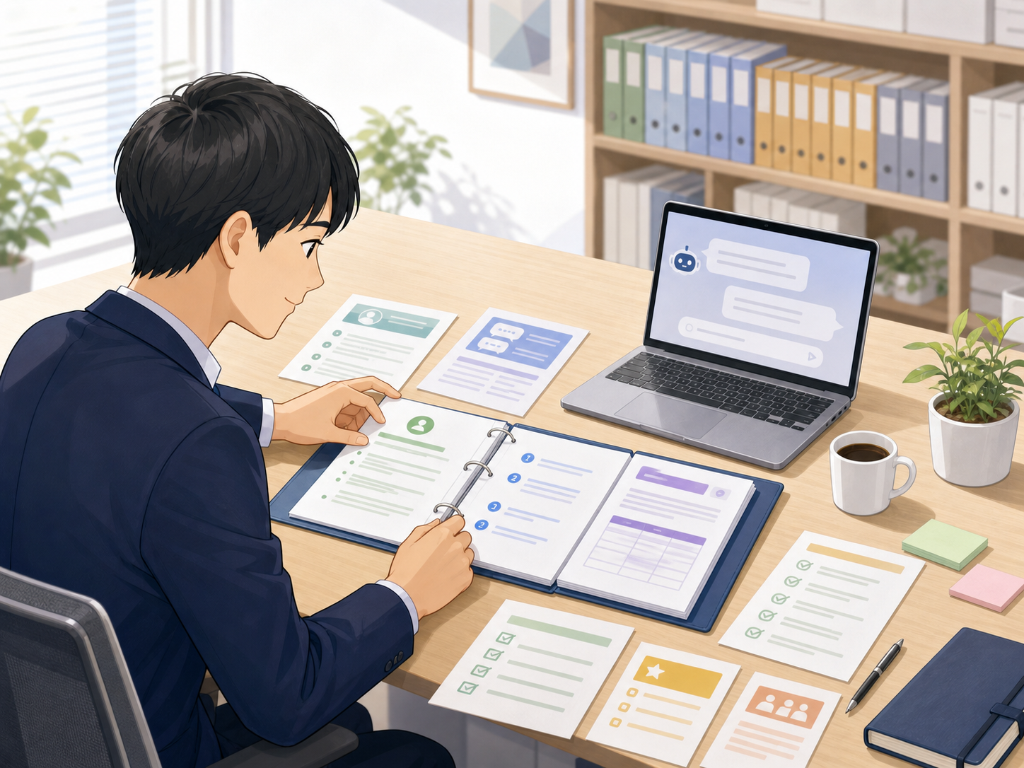 これまで作ったAI活用ルールを一冊の自分用マニュアルにまとめる様子