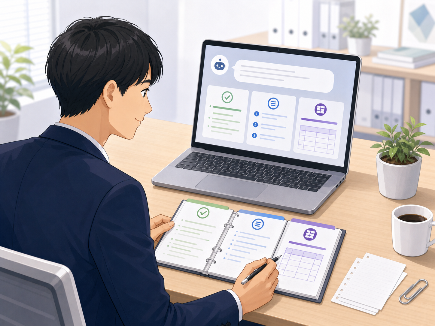 完成した自分専用AI活用マニュアルを実際の仕事で開いて使う様子