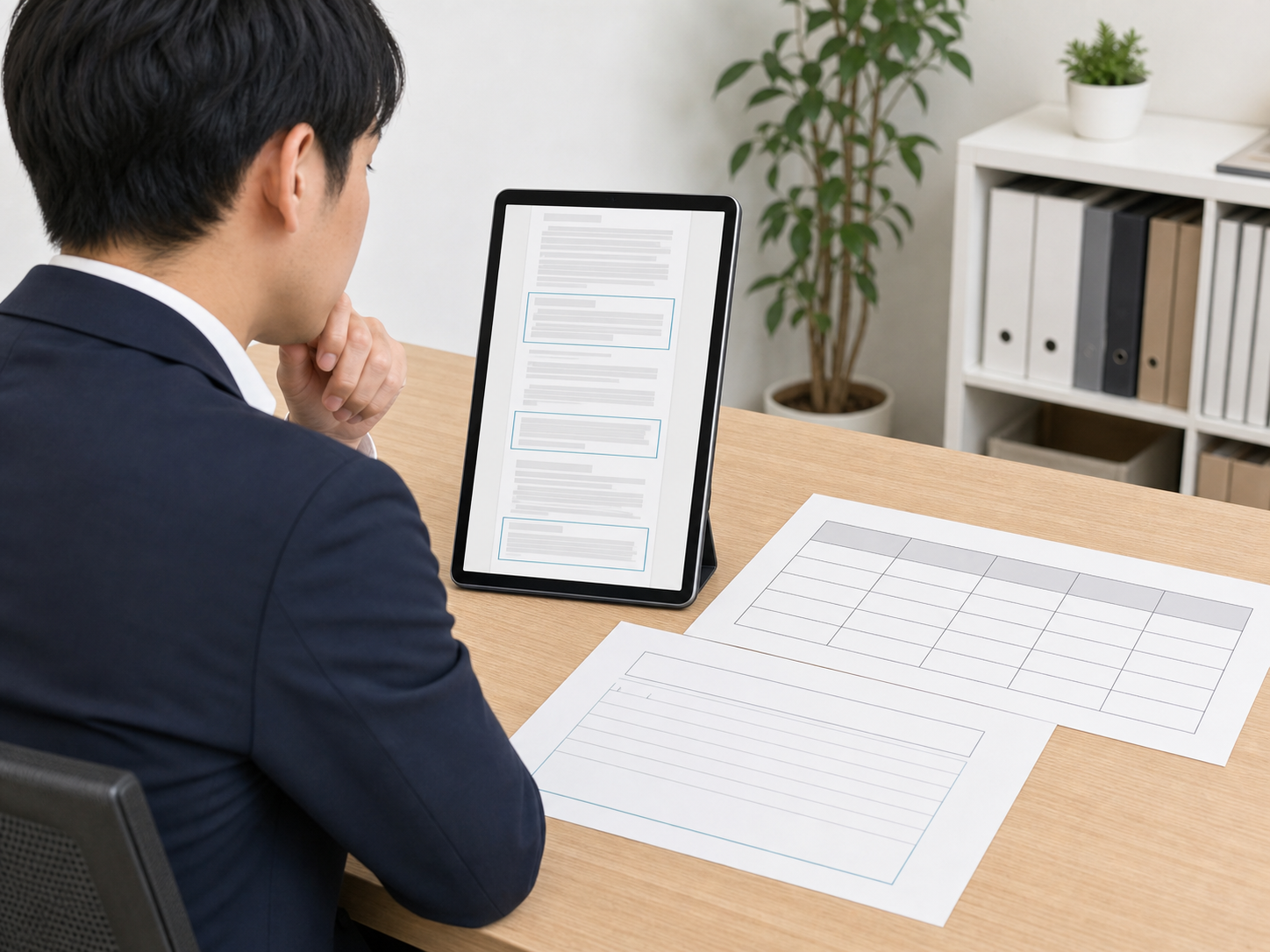 PDFや長い資料から比較表に必要な情報を探している様子