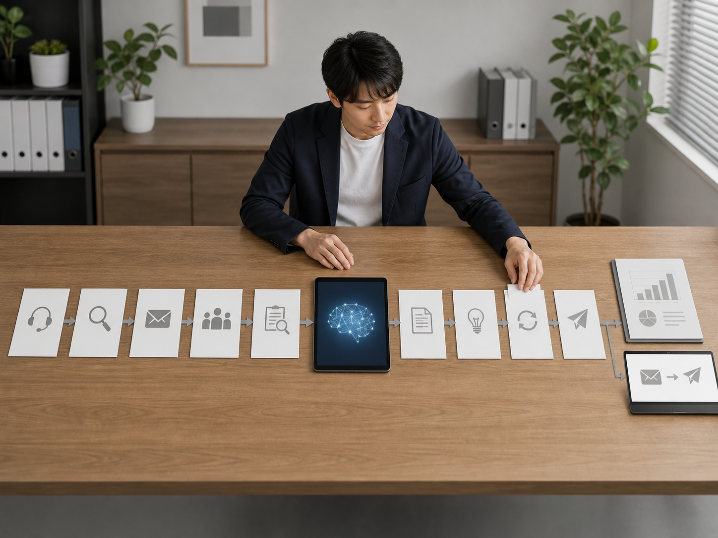 依頼受付から提出までのAI活用フローを一つにまとめている様子