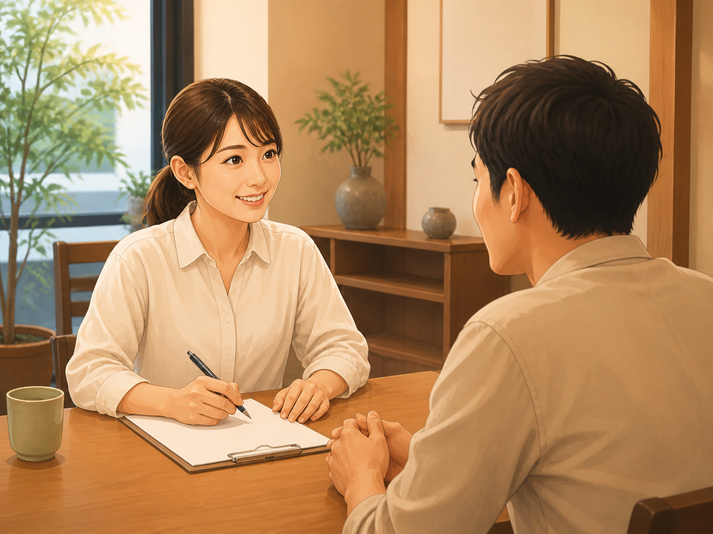 相談相手の話を聞きながら確認表を使う担当者。