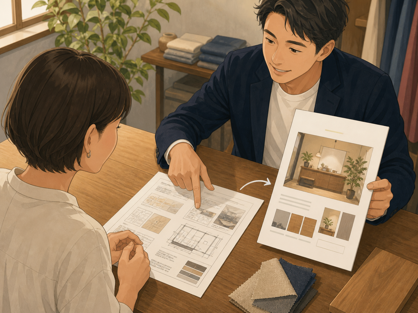 確認表を使った内容を営業資料へ渡す様子。