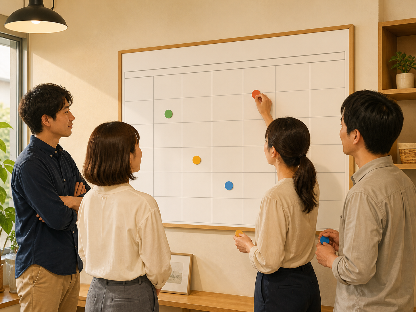 会社の予定と発信題材を一か月の編集計画に並べる様子。