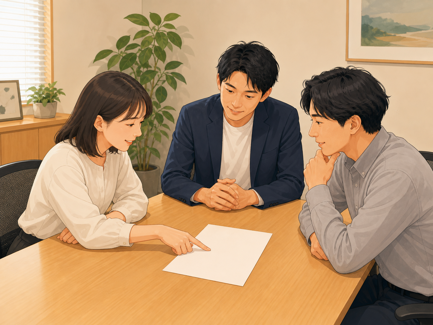 一枚の定例報告を囲んで判断している様子。