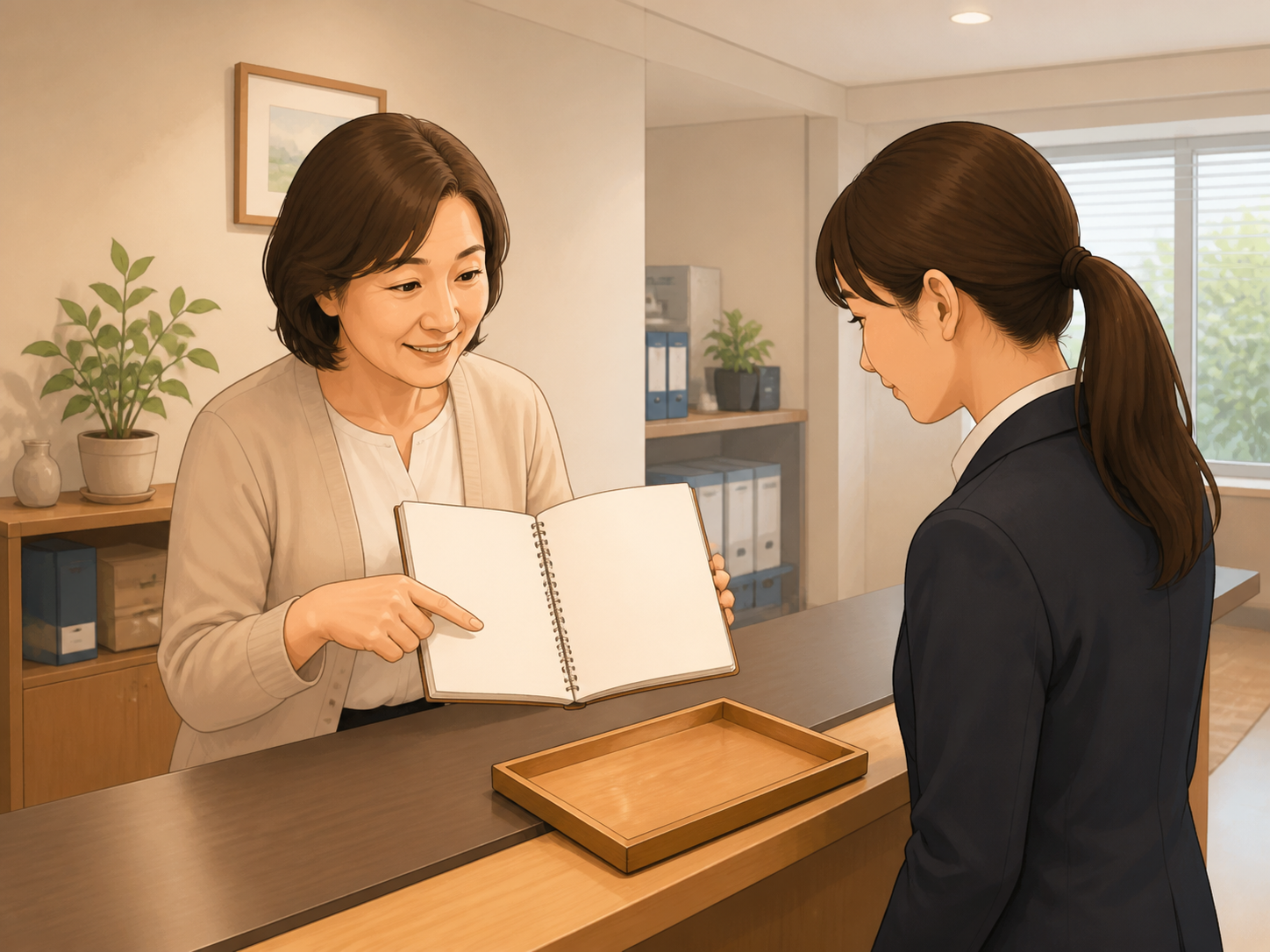 経験者が新人へ最初の業務の進め方を引き継ぐ様子。