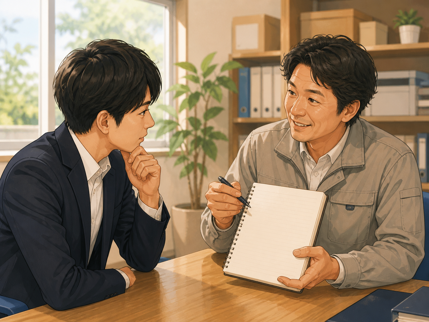 引き継ぎ資料を見ながら初めての作業を行う様子