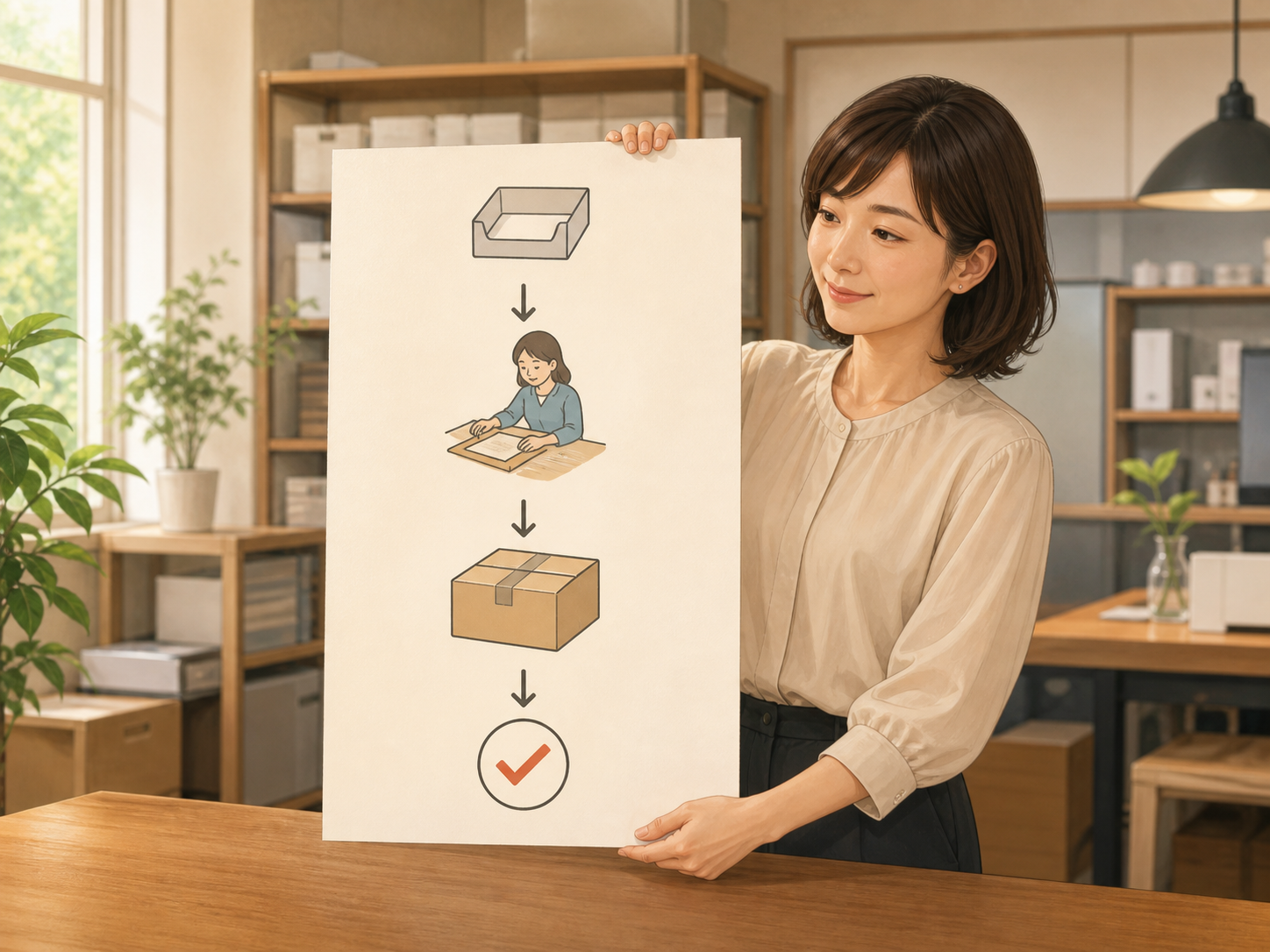 仕事の開始条件から完了までを一枚で示す様子。