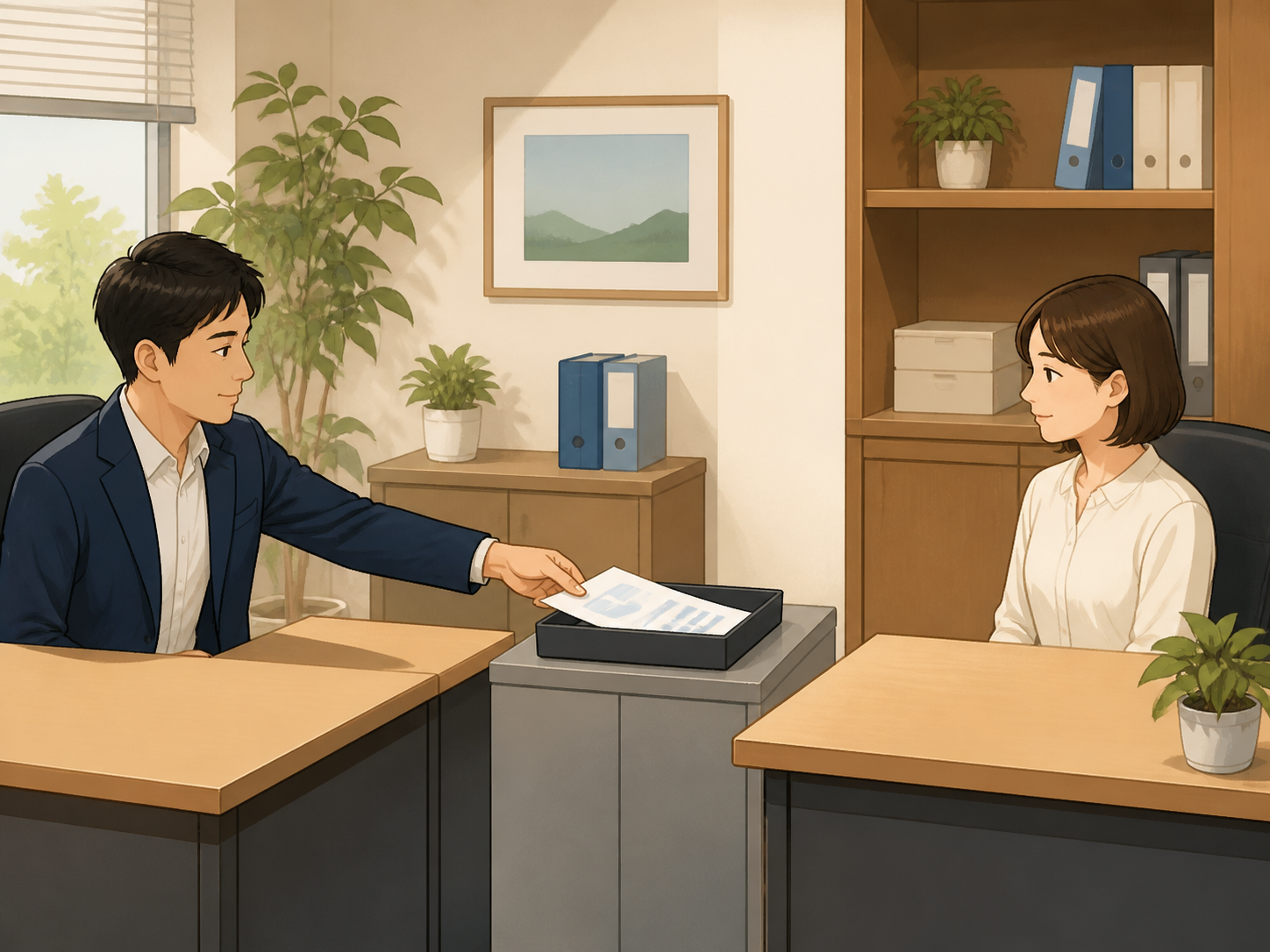 社内と外部協力者の受け渡し地点を確認する様子。