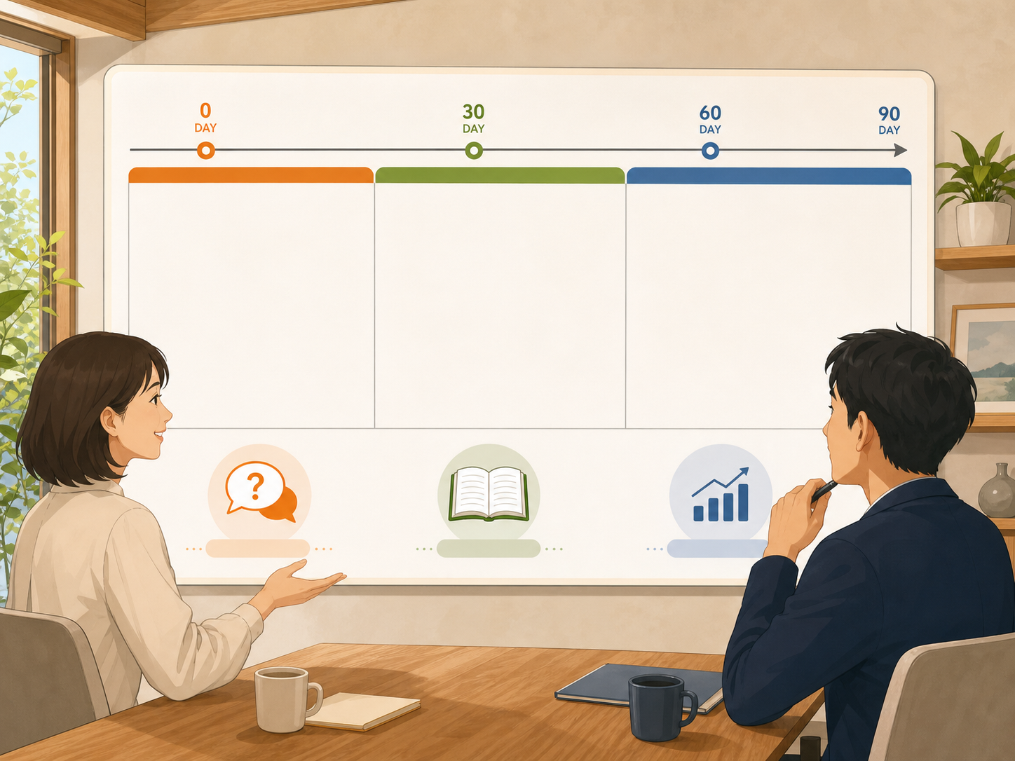 これまでの成果物を90日間の改善計画に並べる様子。
