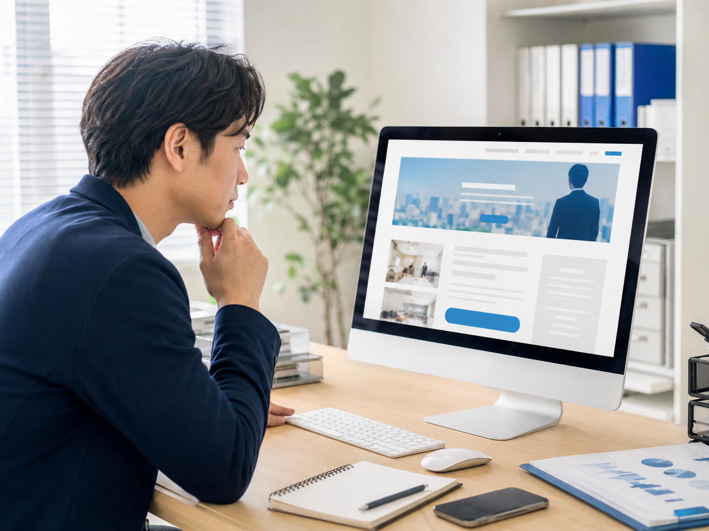 サービスページを確認しながらWebサイトの問い合わせ改善を検討する担当者