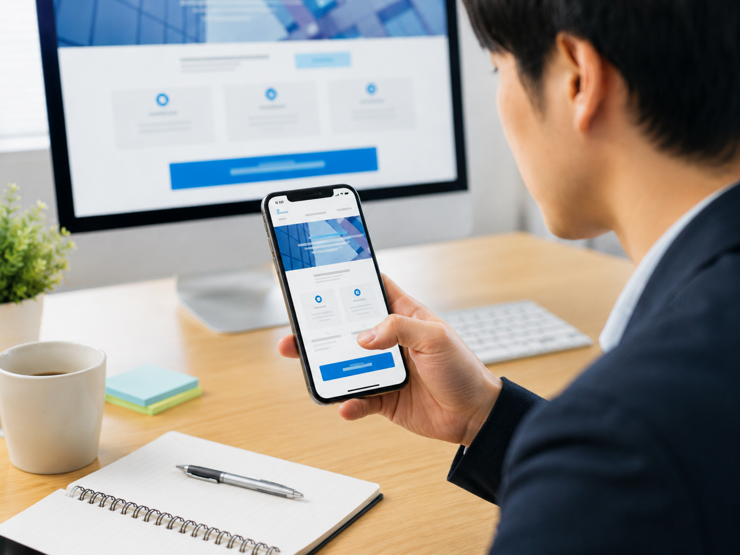 スマートフォンで問い合わせCTAの表示と操作性を確認する様子
