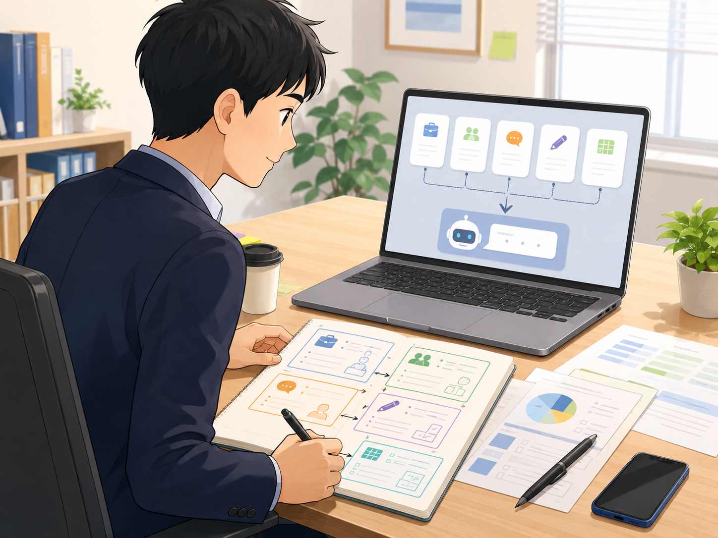 自分の仕事内容や希望を整理してAIに伝える準備をしている様子