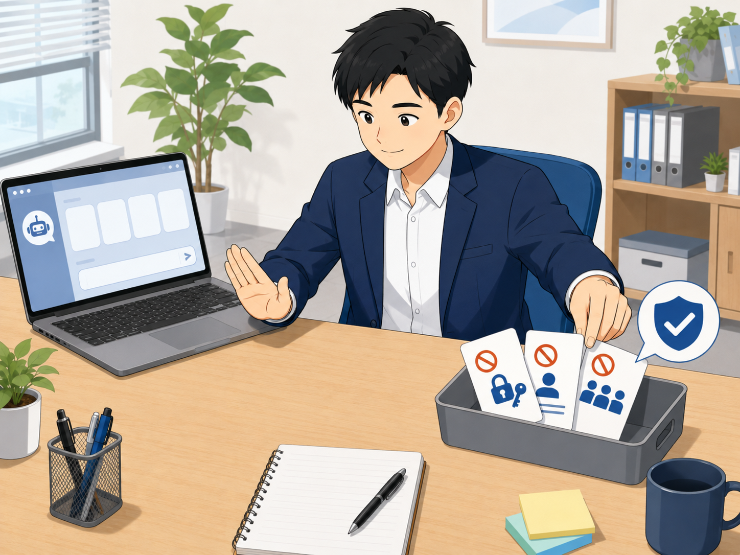 パスワードや顧客情報をAIに入力しないよう確認している様子