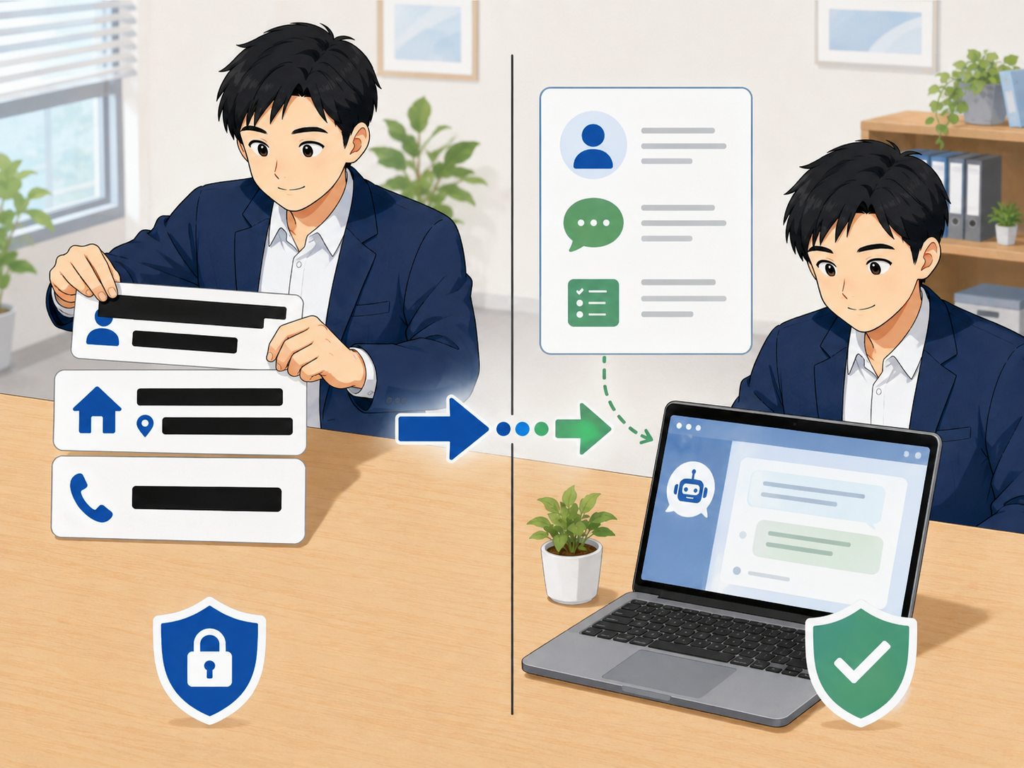 個人情報を一般的な表現に置き換えてAIに相談する流れ