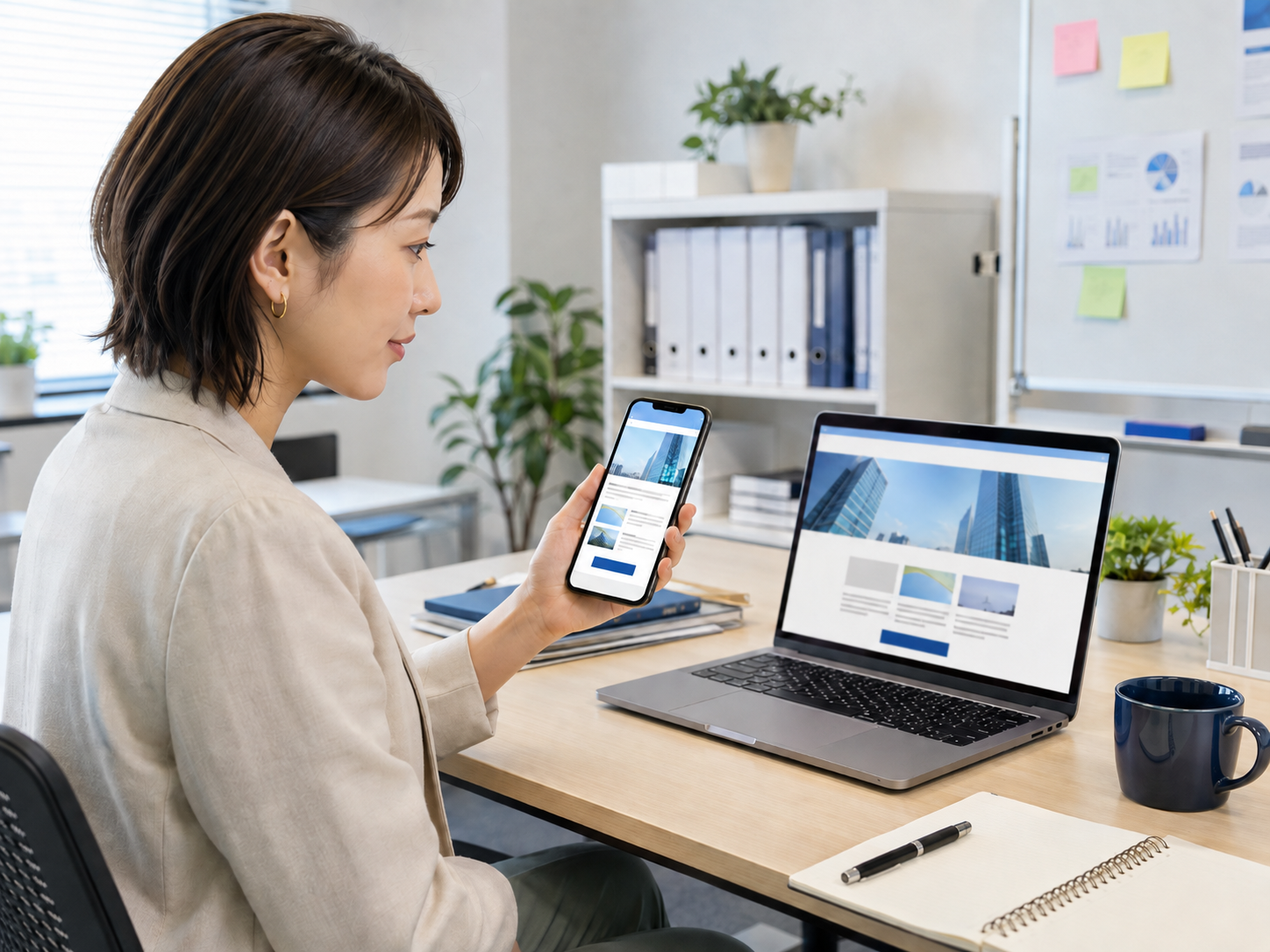 スマートフォンで自社Webサイトのモバイル表示を確認するWeb担当者