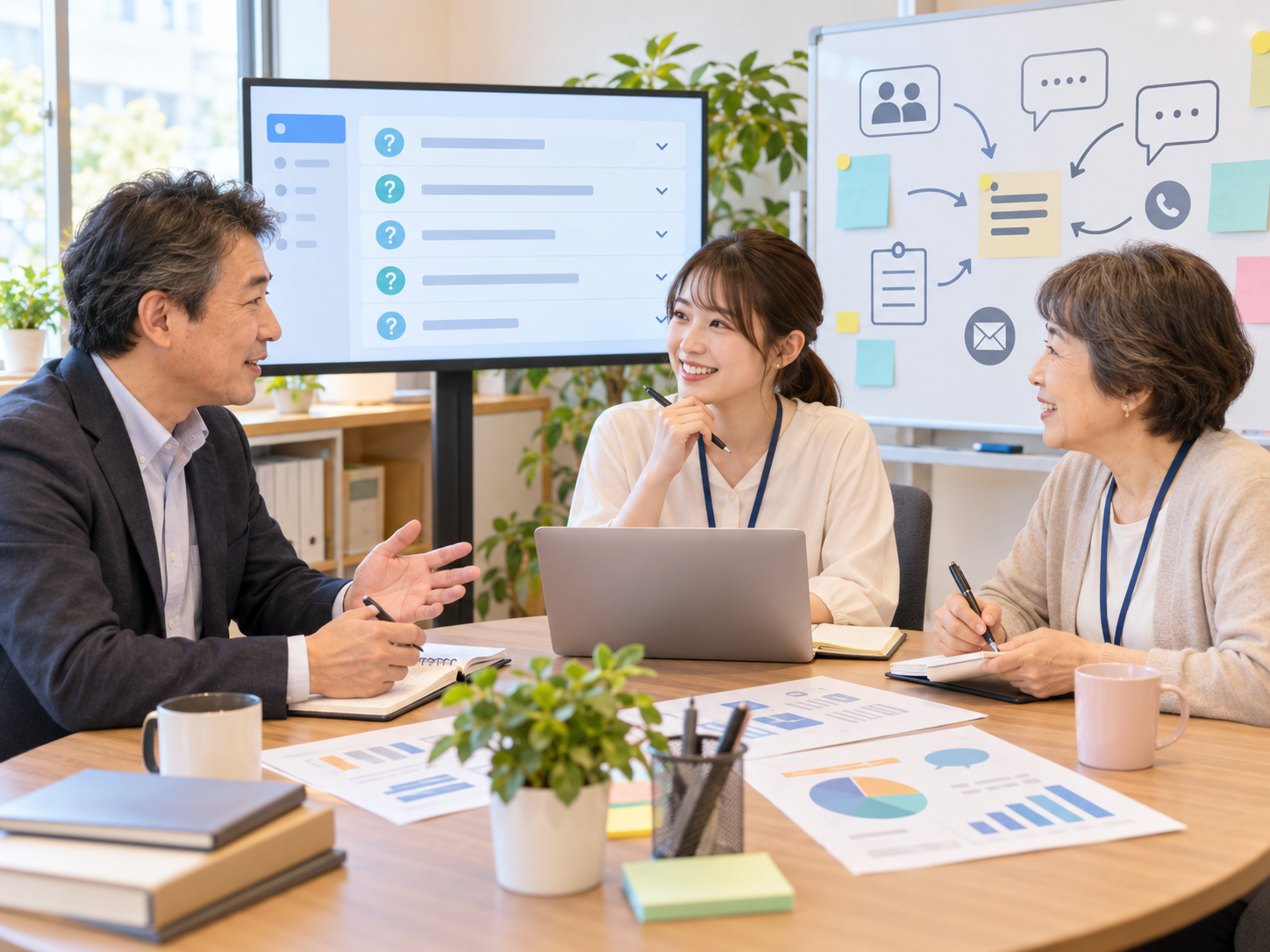営業や受付への問い合わせ内容をもとにFAQを整理する社内ミーティング