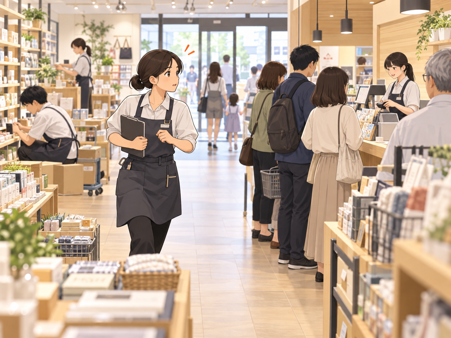 混雑した店舗で優先順位を判断しながら対応するスタッフ