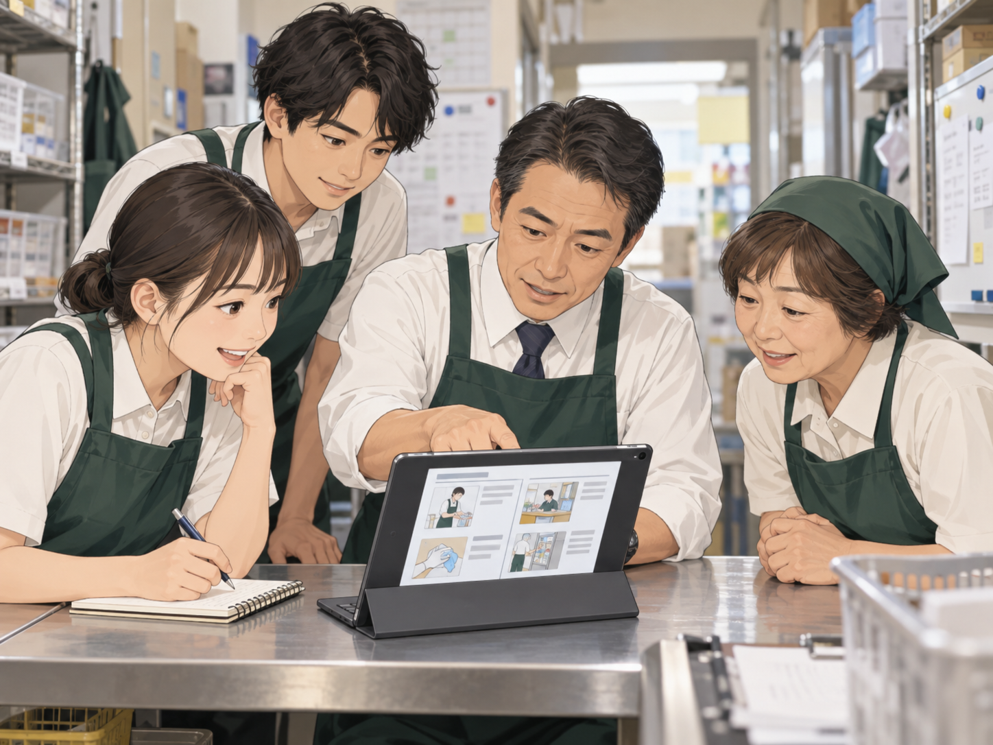 共通の判断マニュアルを確認する店舗スタッフのミーティング