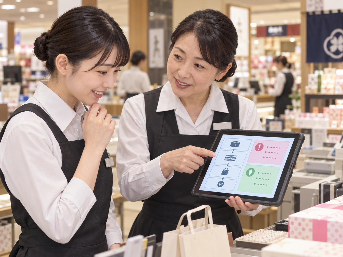 ルールの理由を理解しながら業務確認をする店舗スタッフ