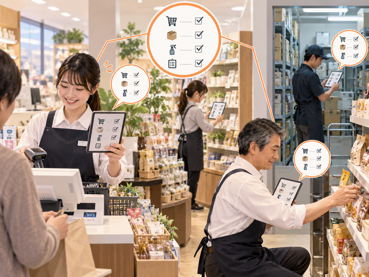 共通の注意事項を確認して同じ手順で動く店舗スタッフ