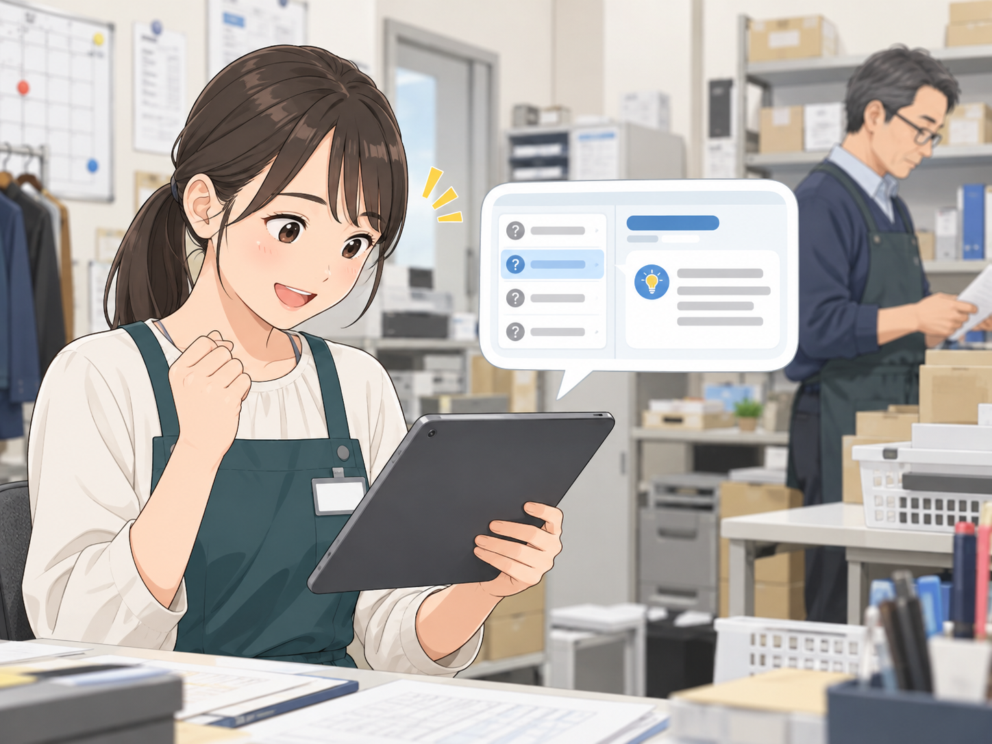 新人スタッフが社内FAQを確認して疑問を自己解決する様子