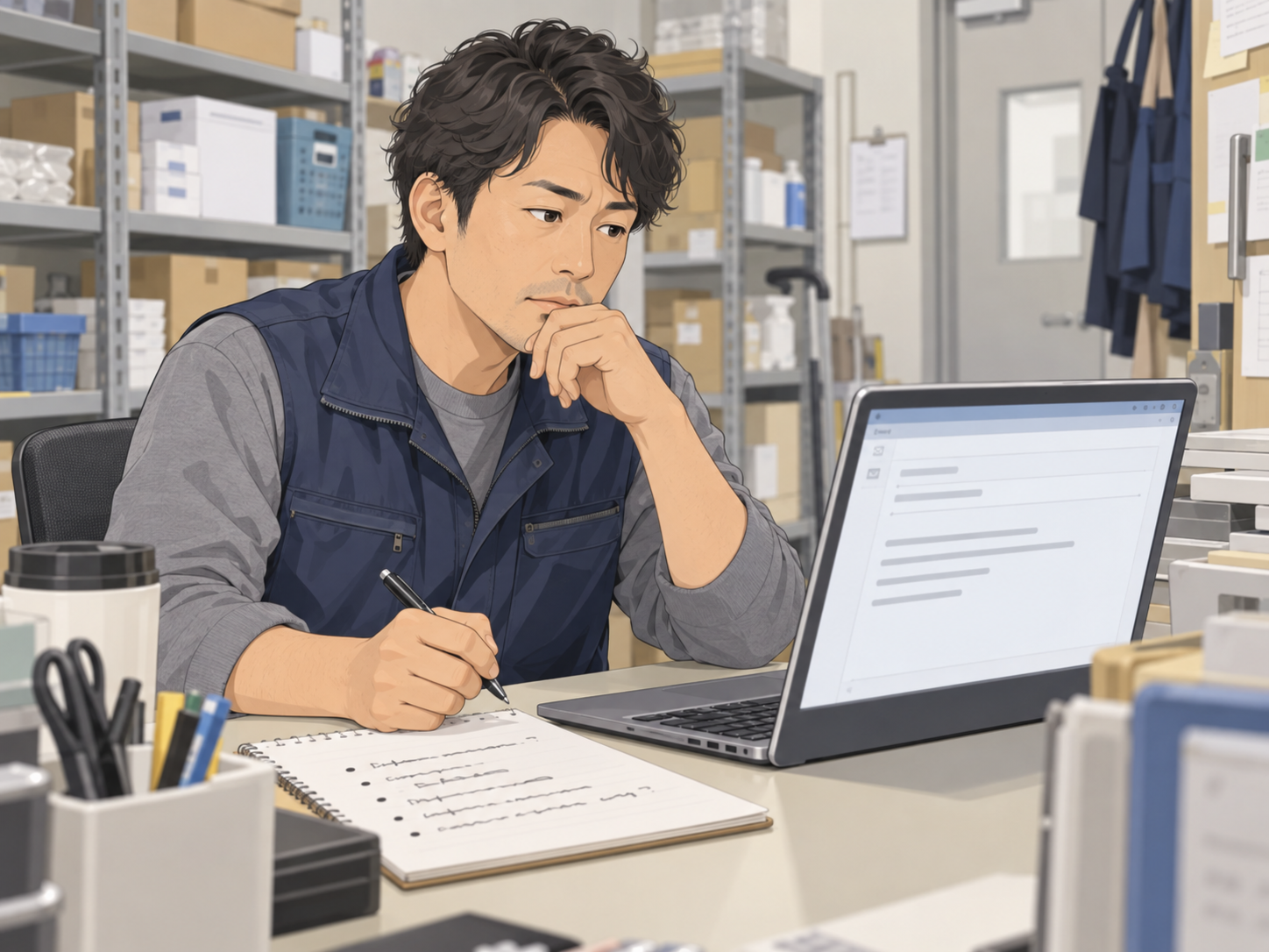取引先へのメール表現に悩みながら文章を作成する担当者