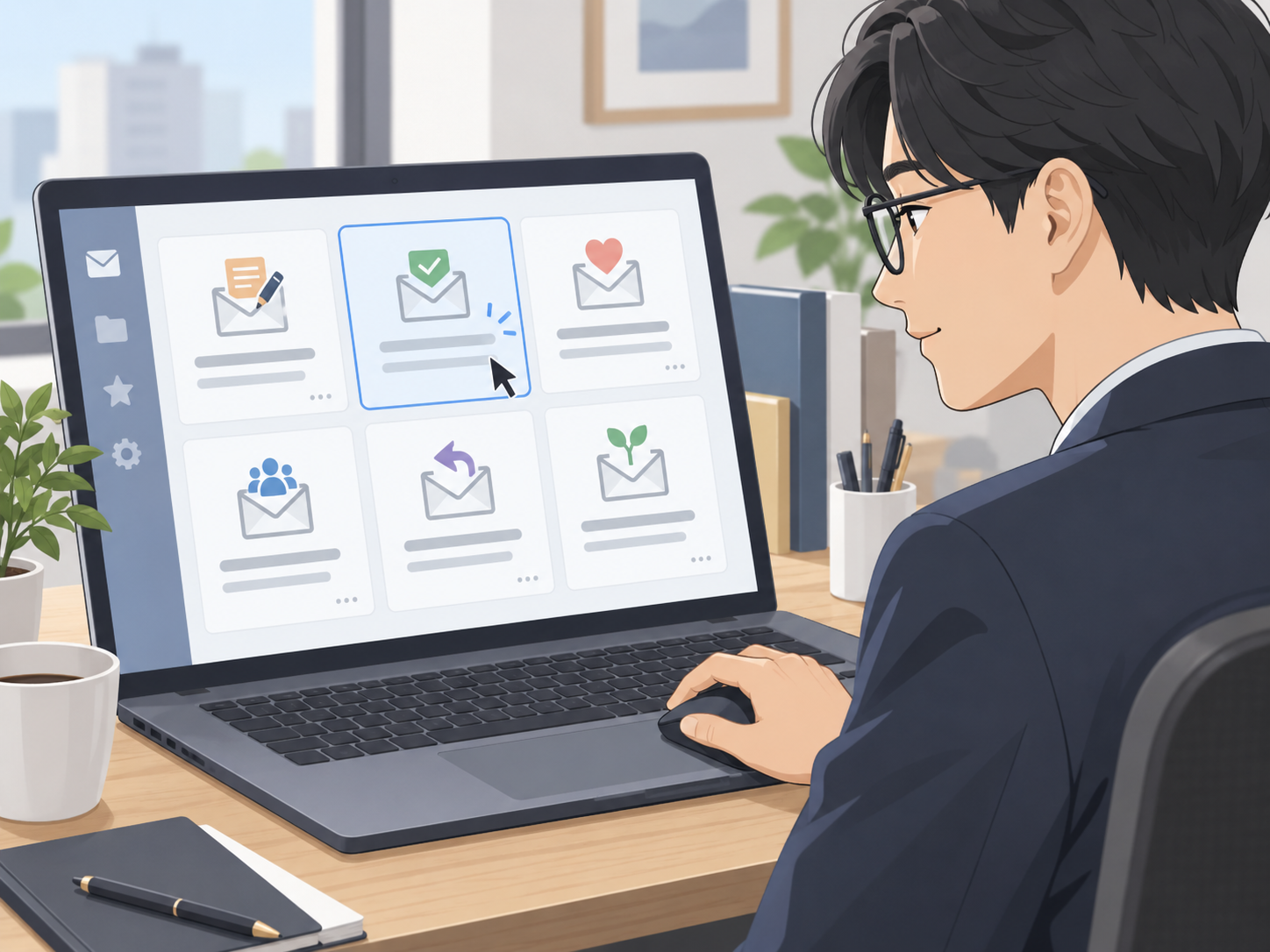 依頼や確認など取引先メールのテンプレートを整理する画面