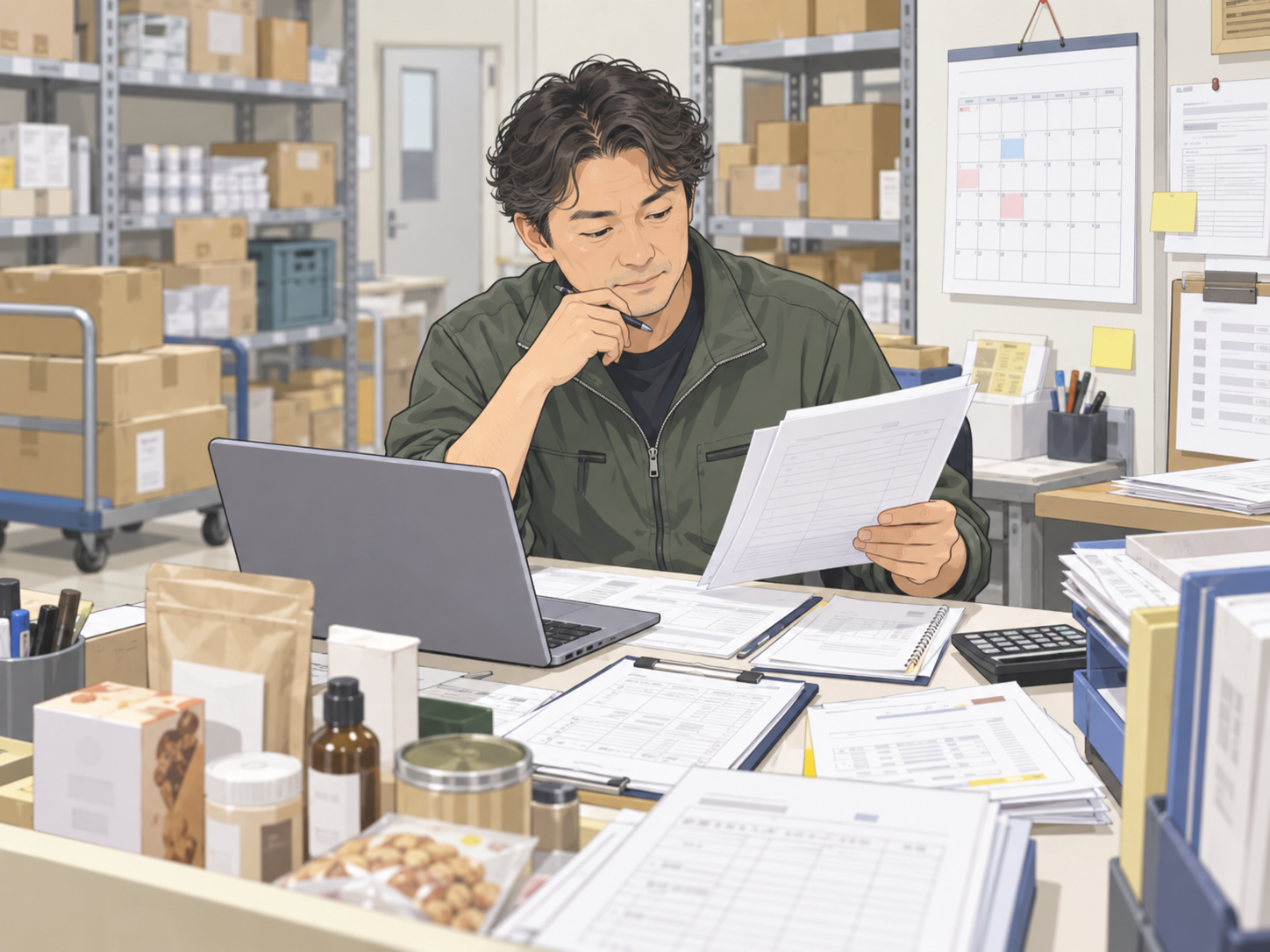複数の発注書や納品予定を確認する店舗担当者