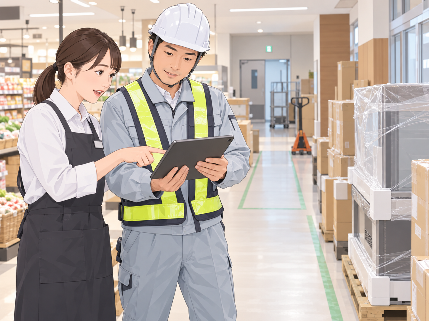 店舗で設備業者と工事前の確認を行う担当者
