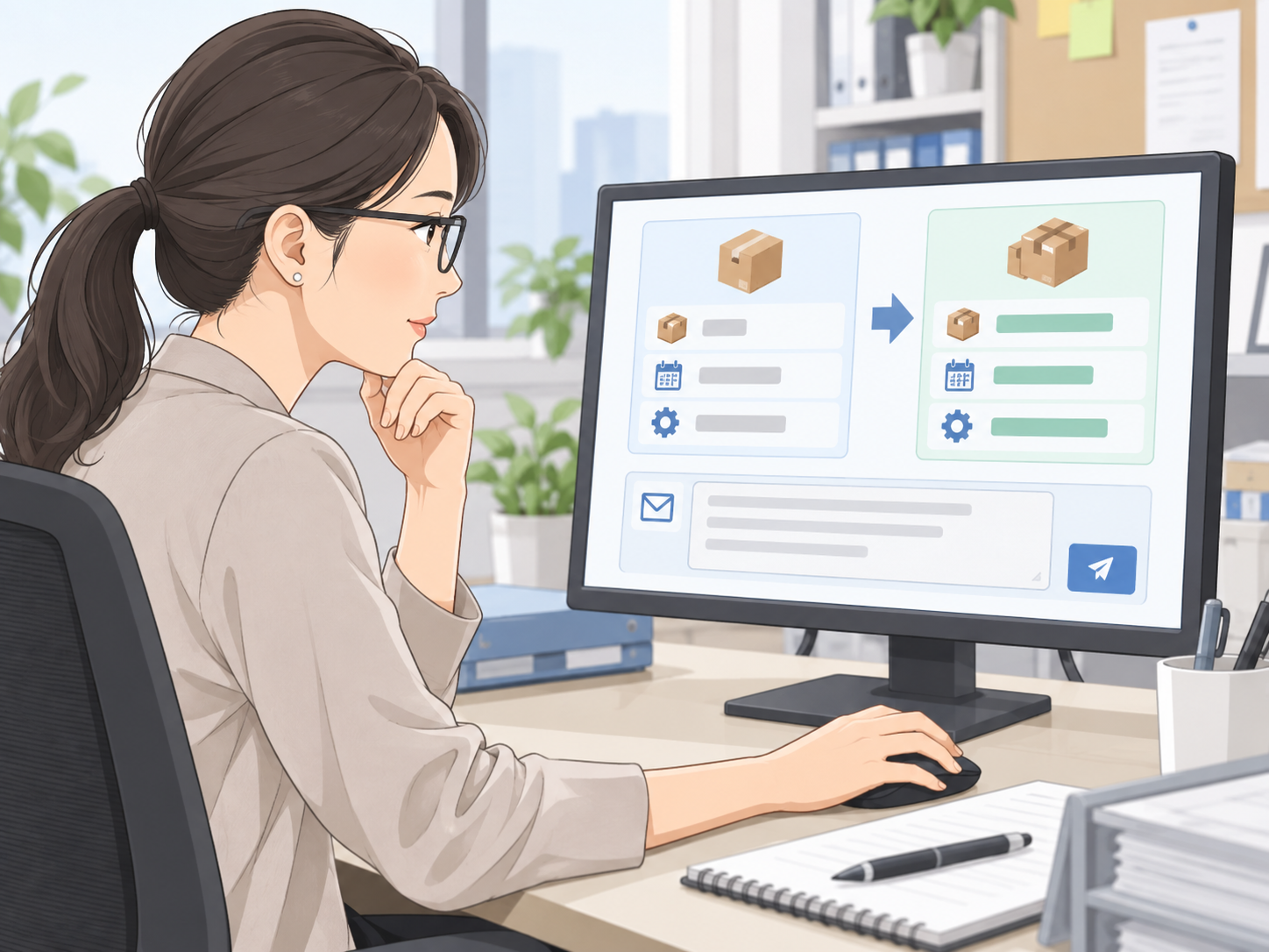 発注内容の変更前後を比較して再連絡する担当者